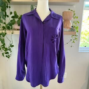 Vintage Silk Purple Cutout Detail Long Sleeve Button Up Womens Office Workwear